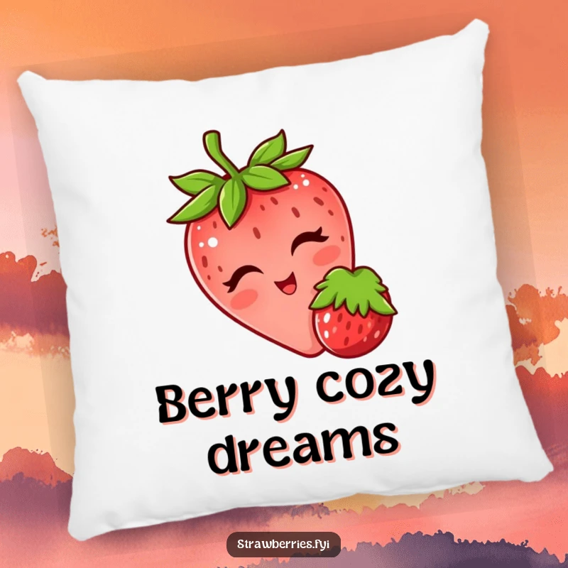 Funny pillow featuring a winking strawberry playfully nudging a berry, offering plush comfort with a flirty, fruity charm.