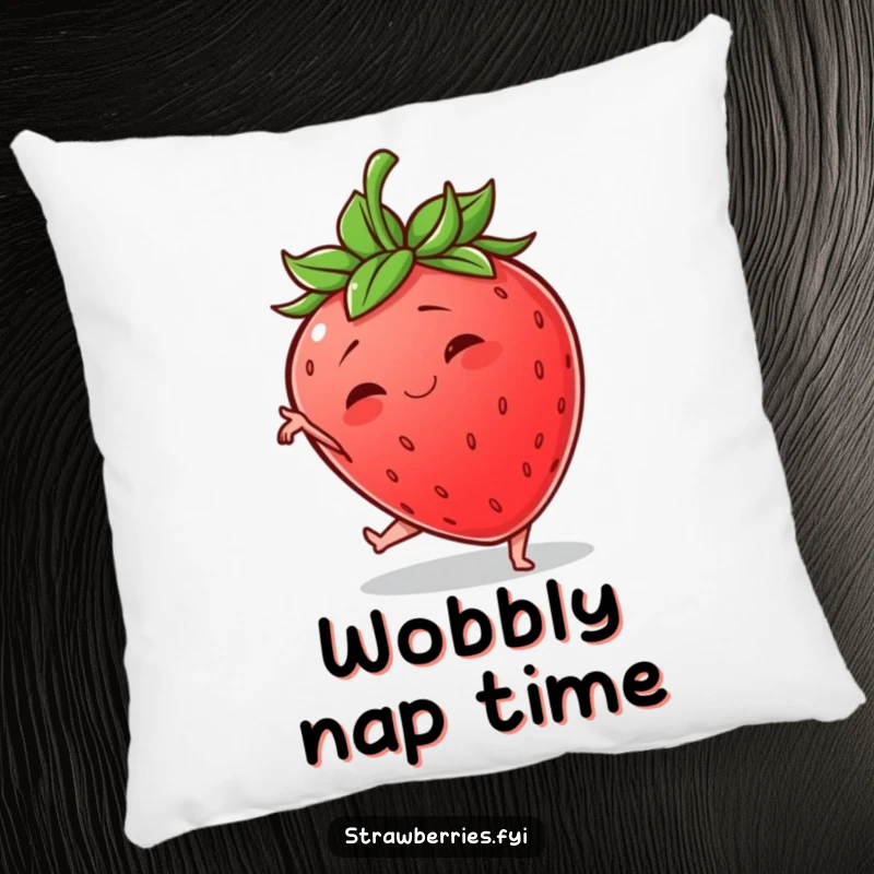 Funny pillow showcasing a wobbly anthropomorphic strawberry hilariously attempting a graceful yoga pose, adding comfort and comedy.