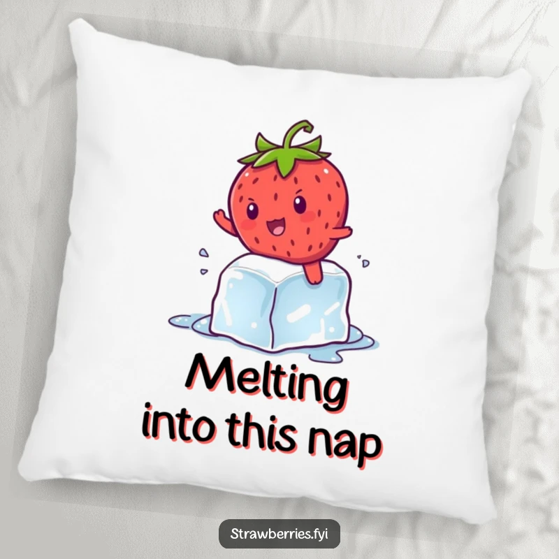 Funny kawaii strawberry character hilariously attempting to ride a melting ice cube, a soft and comical comfort item.