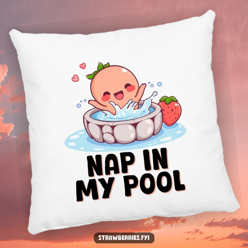 Funny pillow showing a happy strawberry character splashing in a small pool, bringing a cheerful and humorous element to your decor.