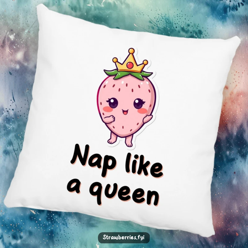 Funny kawaii strawberry character wearing a miniature crown, posing majestically on this soft pillow.