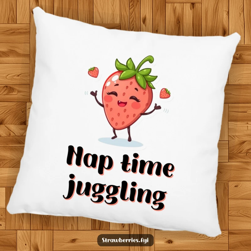 Funny pillow featuring a giggling anthropomorphic strawberry juggling leaves, perfect for cozy comfort and playful decor.