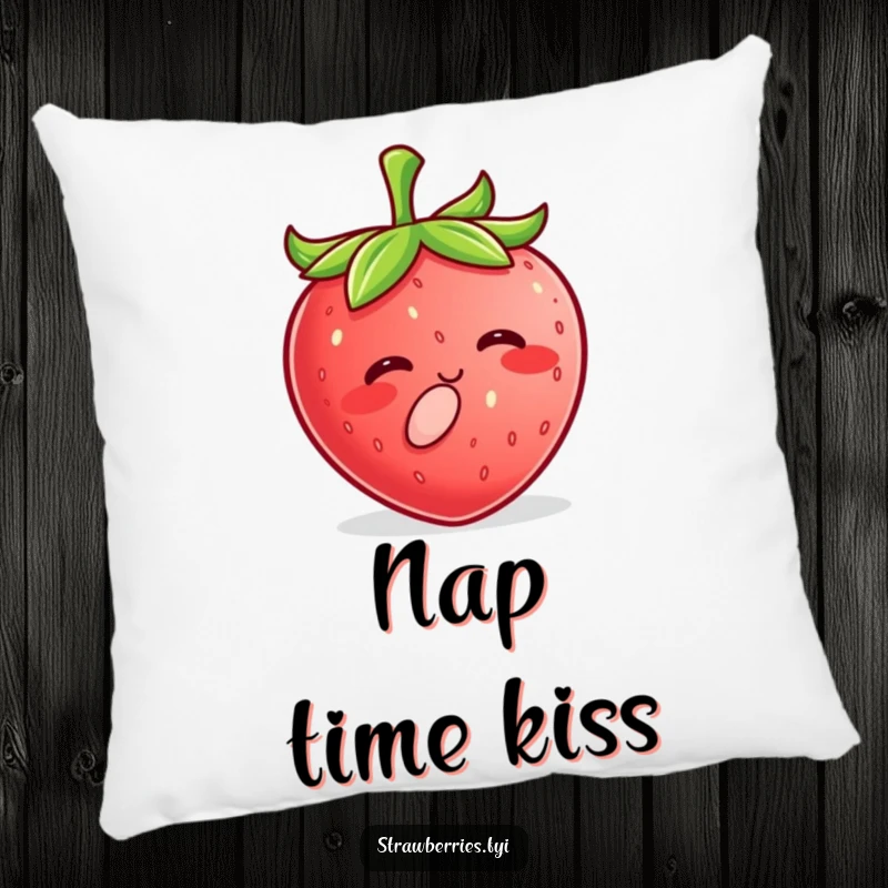 Funny Kawaii Strawberry Pillow featuring a happy, smiling character puckering its lips for a tiny, sweet kiss.