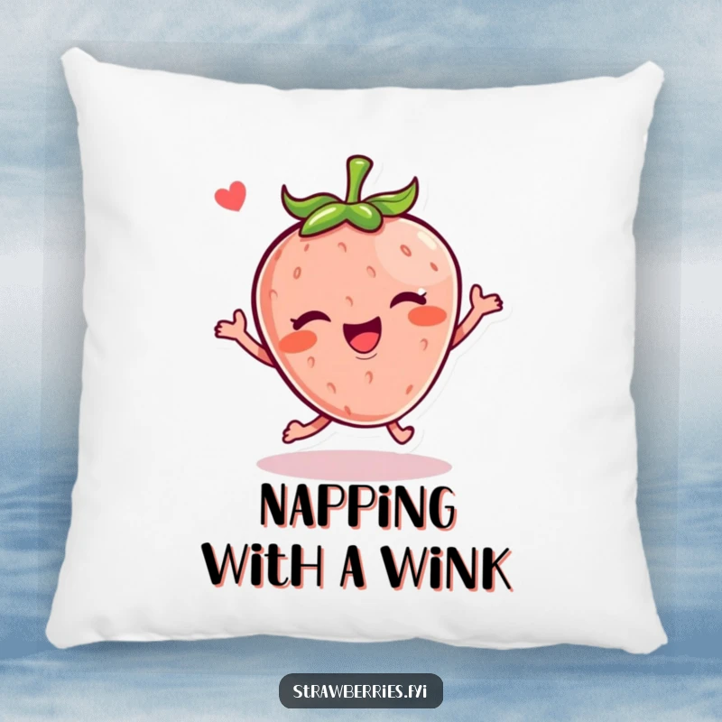 Funny Kawaii strawberry character happily hopping with a wink featured on a plush pillow, offering comfort.