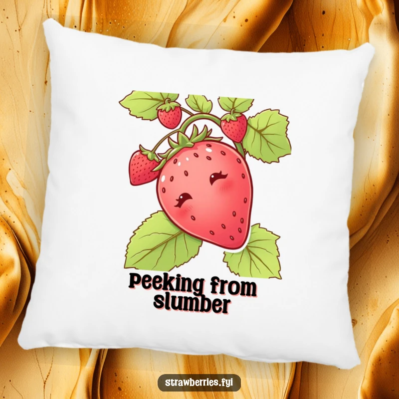 Funny pillow featuring a curious strawberry peeking out from a vine, a whimsical and charming accent piece.