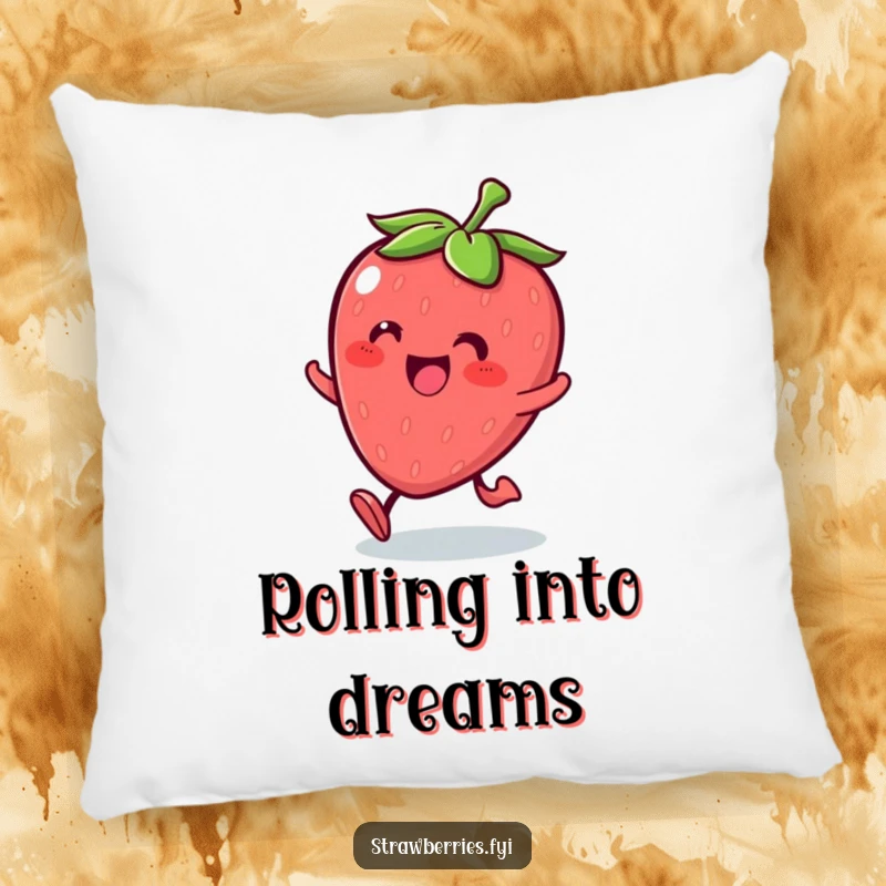 Funny Kawaii strawberry character rolling with glee featured on a plush pillow, offering comfort.