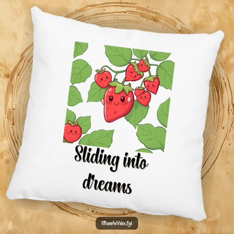 Funny pillow featuring a cheerful strawberry character sliding down a giant leafy vine, for cozy adventurous comfort.