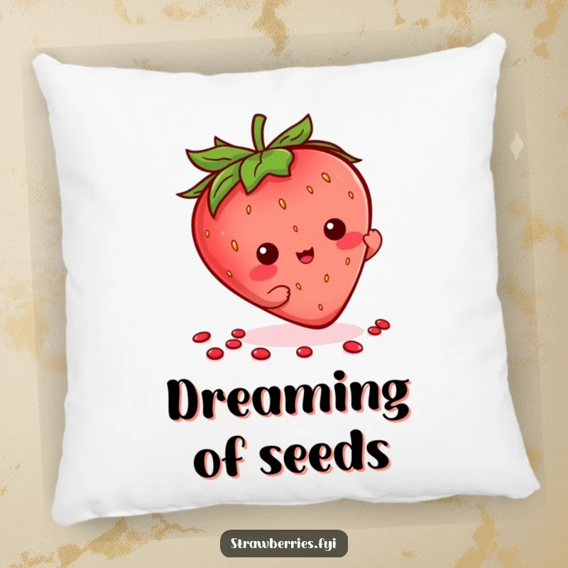 Funny Kawaii Strawberry Pillow featuring a character happily doing a little flourish with its seeds.