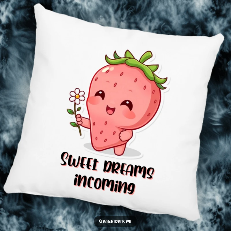Funny pillow decorated with a beaming strawberry character offering a tiny flower, perfect for adding cheerful decor.