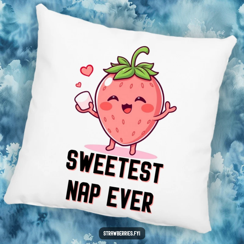 Funny pillow designed with a giggling strawberry character juggling a sugar cube, offering comfort and a touch of sweet, playful humor.