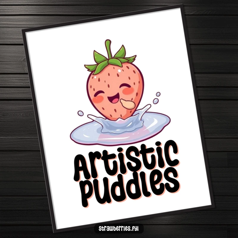 Funny digital art print of a strawberry character joyfully splashing in a puddle, conveying pure happiness and playful energy.