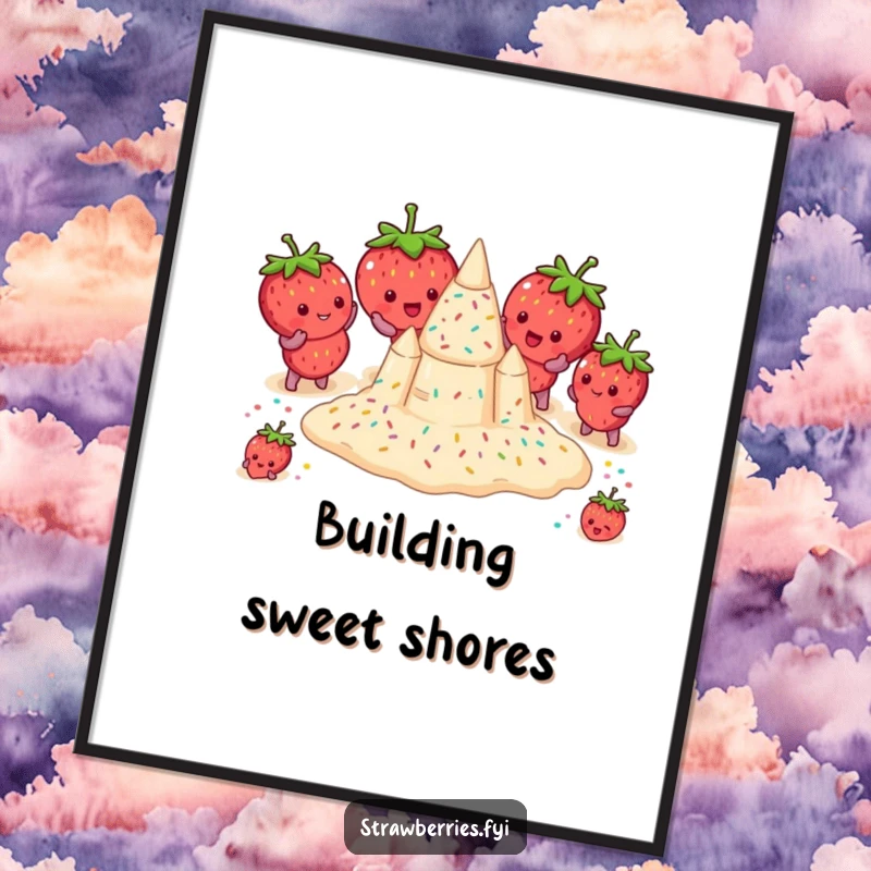 Funny digital art print of strawberries humorously attempting to build a sprinkle-covered sandcastle, capturing a fun beach scene.