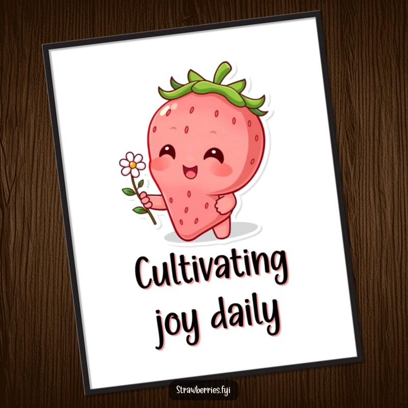 Funny digital art print of a beaming strawberry character offering a tiny flower, perfect for instant joyful decor.
