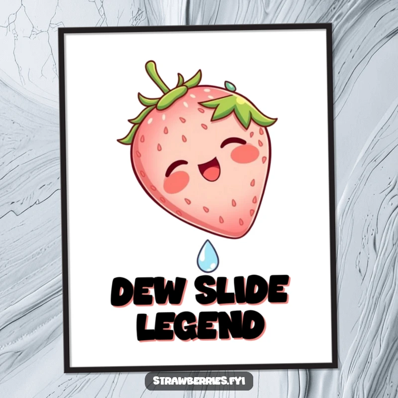 Funny digital art print of a laughing strawberry character joyfully sliding down a dew drop, capturing a moment of pure, hilarious fun.
