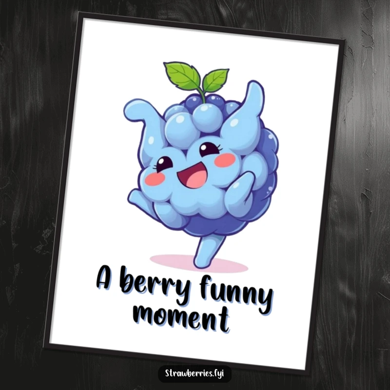 Funny Digital Art Print: A playful blueberry character doing a somersault with a cheerful grin, perfect for humorous and fruity wall decor.