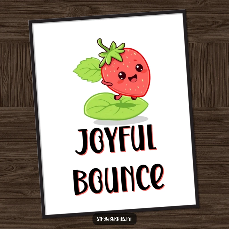 Funny bouncy strawberry digital art print of a character joyfully bouncing on a green leaf, perfect for humorous and energetic wall decor.
