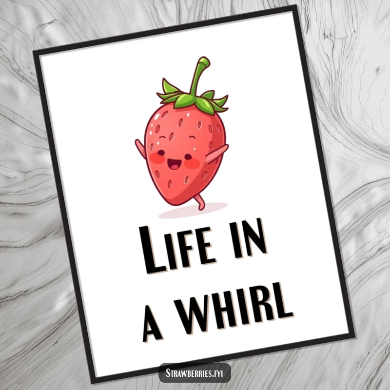 Funny digital art showing an anthropomorphic strawberry performing an energetic cartwheel, perfect for vibrant wall decor.