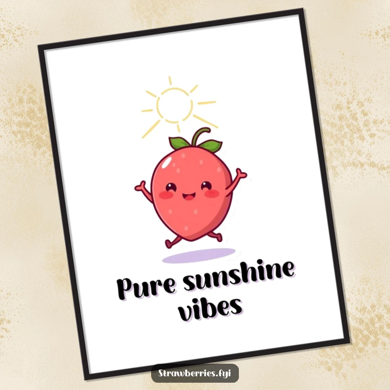 Funny cheerful kawaii strawberry character dancing under a sunbeam, offered as a high-resolution digital art print for immediate humorous decoration.