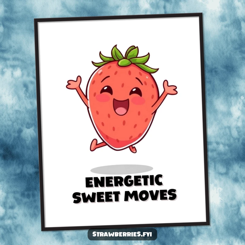 Funny digital art print of an excited strawberry doing a jumping jack, perfect for adding a vibrant and energetic vibe digitally.