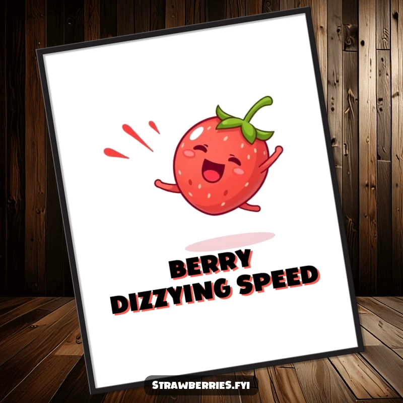 Funny strawberry digital art print of a giddy fruit character doing a happy cartwheel with a red streak, vibrant humorous art.