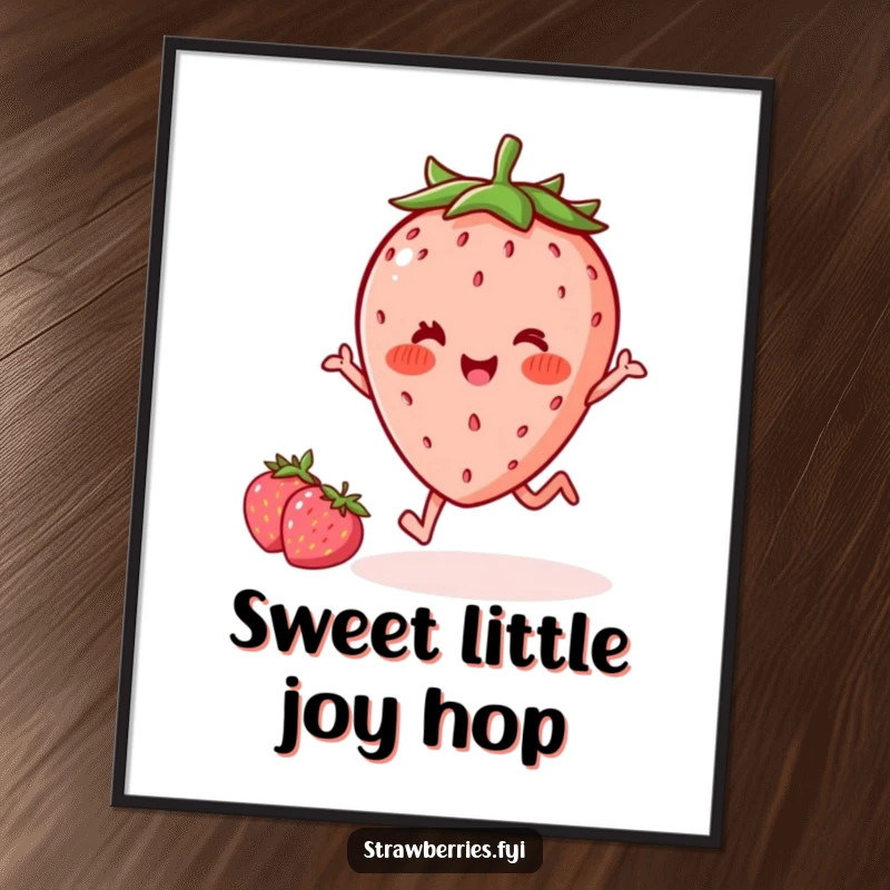 Funny delighted kawaii strawberry character with rosy cheeks doing a little hop, offered as a high-resolution digital art print for immediate humorous decoration.