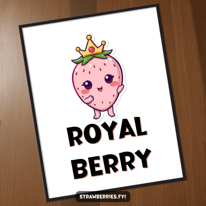 Funny kawaii strawberry character wearing a tiny crown, posing majestically on this artistic print.
