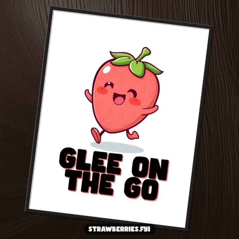 Funny Kawaii strawberry character joyfully rolling with glee, offered as a digital art print.