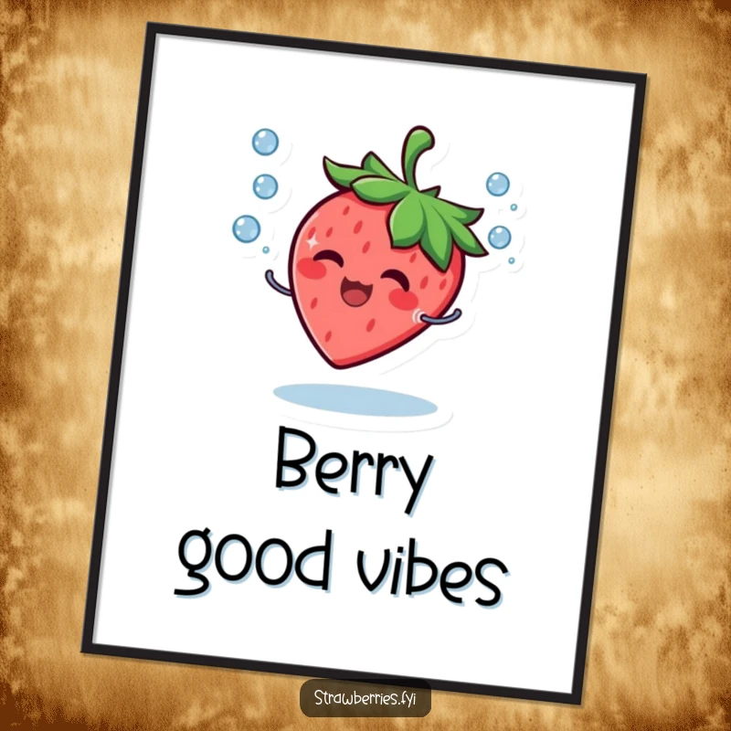 Funny Digital Art Print of a giggling strawberry character joyfully juggling tiny water droplets with a wide, happy smile.