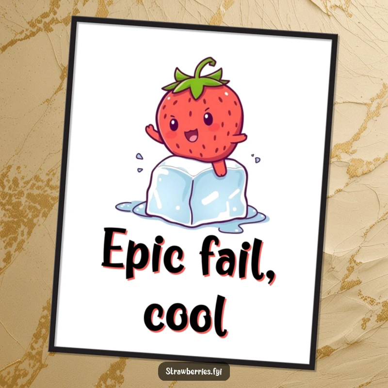 Funny kawaii strawberry character hilariously attempting to surf a melting ice cube, printable art with a comical summer theme.