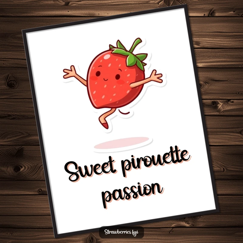 Funny Digital Art Print of a joyful strawberry character doing a pirouette, embodying sweetness and playful movement.