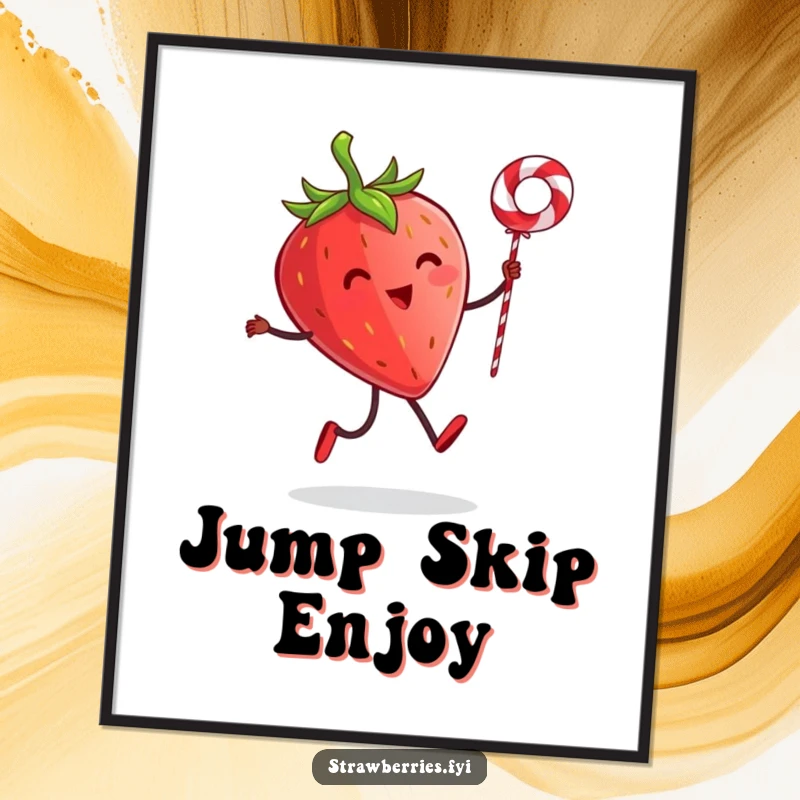 Funny digital art print of a strawberry character with tiny legs skipping rope with a licorice string, radiating happiness and playful energy.