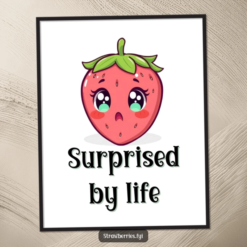 Funny digital art print of a surprised strawberry with wide eyes, comically falling backward, adding humorous impact.