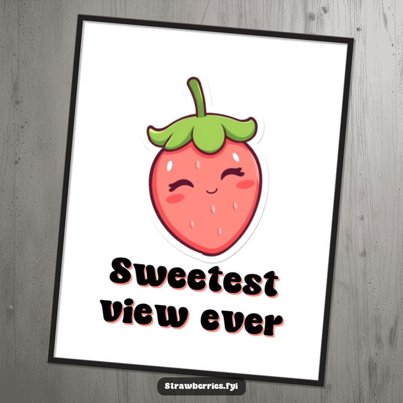 Funny winking kawaii strawberry character tipping its cap, offered as a high-resolution digital art print for immediate humorous decoration.