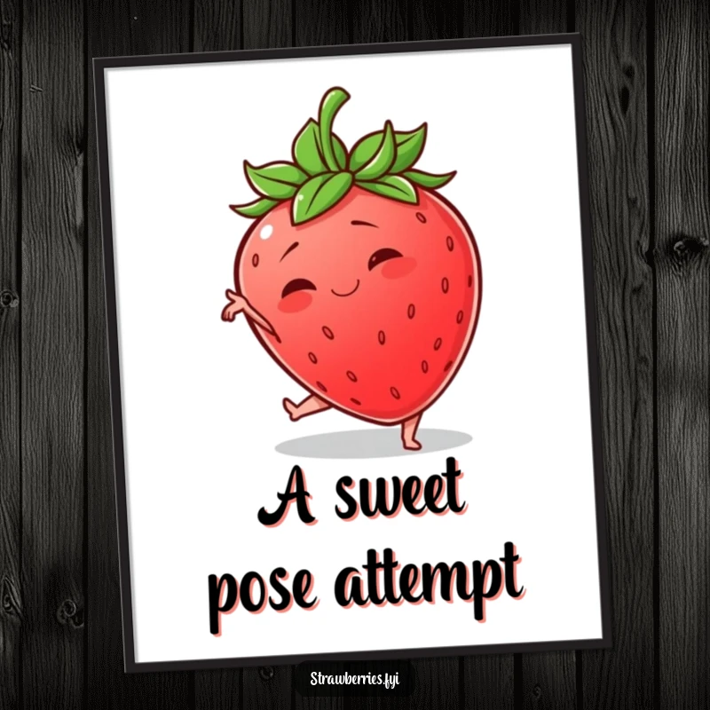 Funny digital art print of a wobbly anthropomorphic strawberry hilariously attempting a graceful yoga pose, for humorous wall decoration.