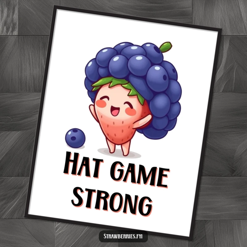 Funny digital art print of a tiny strawberry character gleefully wearing a large blueberry as a hat, symbolizing cute fashion and humor.