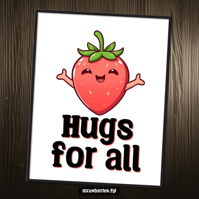 Funny Kawaii strawberry character with open arms in a loving embrace, offered as a digital art print.
