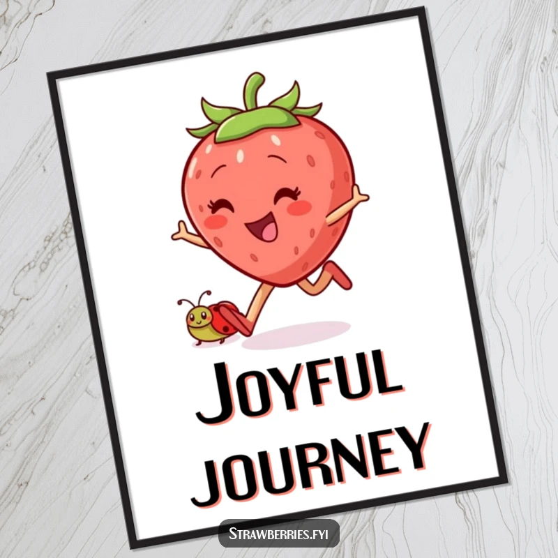 Funny skipping strawberry digital art print of a jovial character and ladybug companion joyfully skipping, perfect for humorous and cheerful wall decor.
