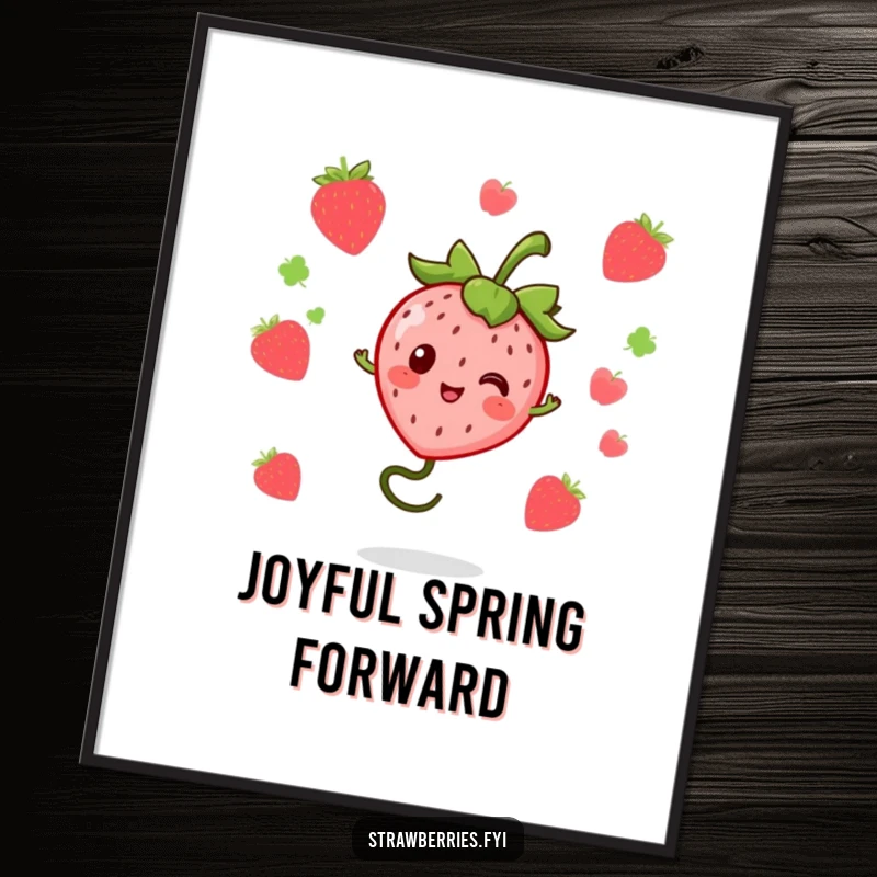 Funny kawaii strawberry character bouncing on a springy stem, offered as a high-resolution digital art print for immediate humorous decoration.