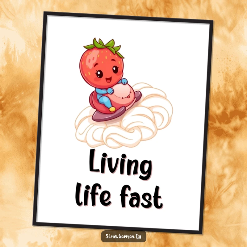 Funny Digital Art Print: A strawberry rapidly descending a ramp made of whipped cream, a humorous and joyful visual.