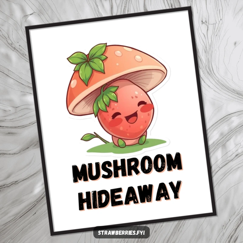 Funny digital art print of a giggling strawberry character peeking from under a mushroom, offering whimsical charm.