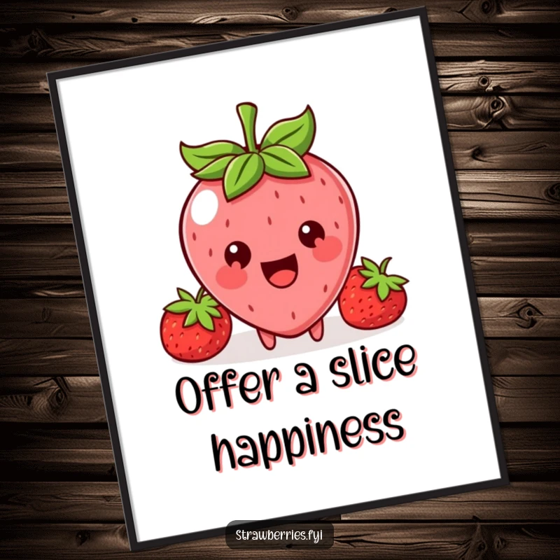 Funny digital art print of a happy Kawaii strawberry character with a wide smile, offering a small treat.