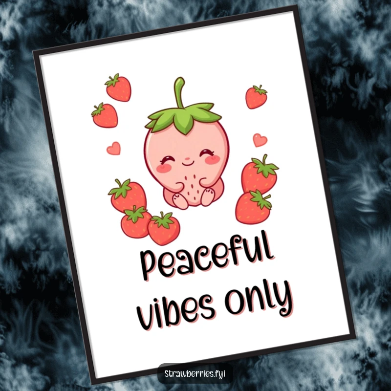 Funny digital art print of a peaceful strawberry character sitting with a content smile, radiating calm and happiness.