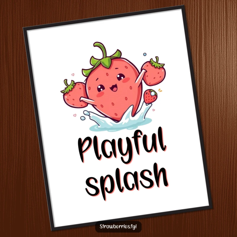 Funny kawaii strawberry character captured mid-playful splash, radiating fun on this artistic print.