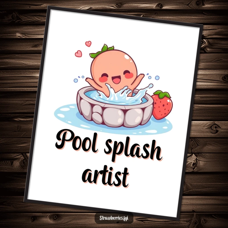Funny digital art print of a happy strawberry character joyfully splashing in a tiny pool, embodying pure, contagious delight.