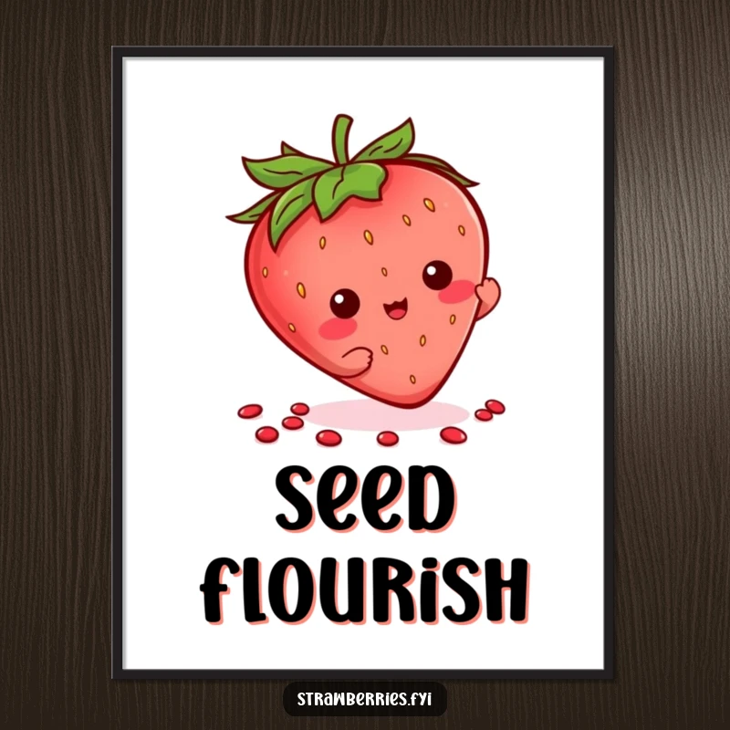 Funny Kawaii Strawberry Digital Art Print showing a character playfully flourishing its seeds, ideal for quirky decor.