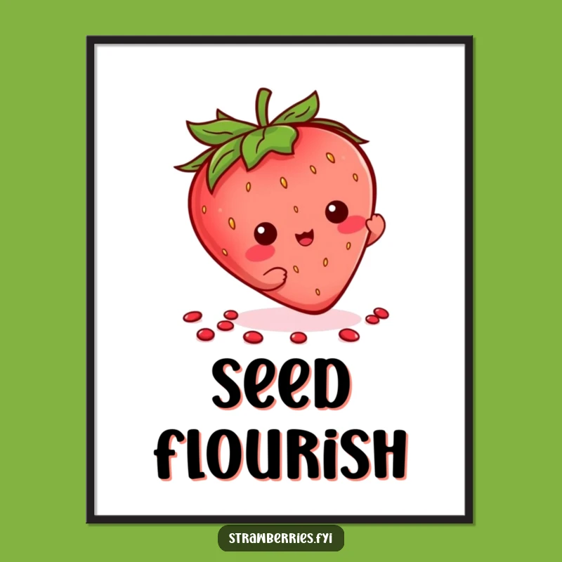 Printable Funny Kawaii Strawberry Seed Flourish Art, Quirky Strawberry Decor