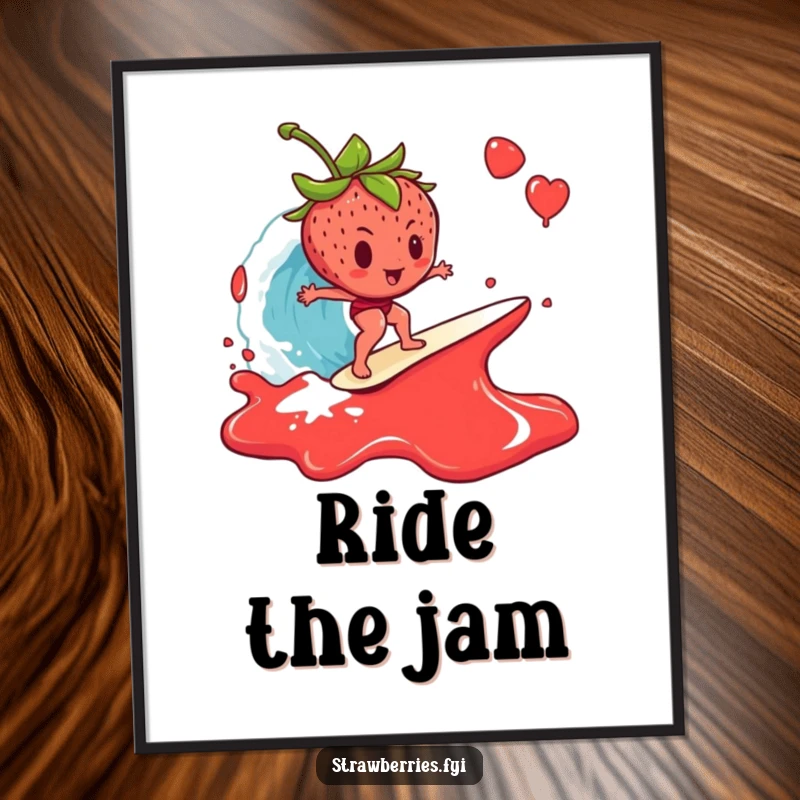 Funny Digital Art Print: A strawberry attempting to surf a large wave of jam, a humorous and adventurous visual.