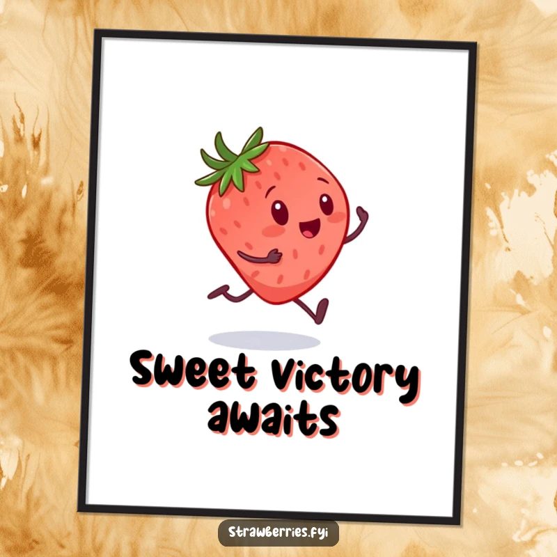 Funny digital art print of a strawberry with tiny legs sprinting towards a giant spoon, symbolizing a humorous love for desserts.