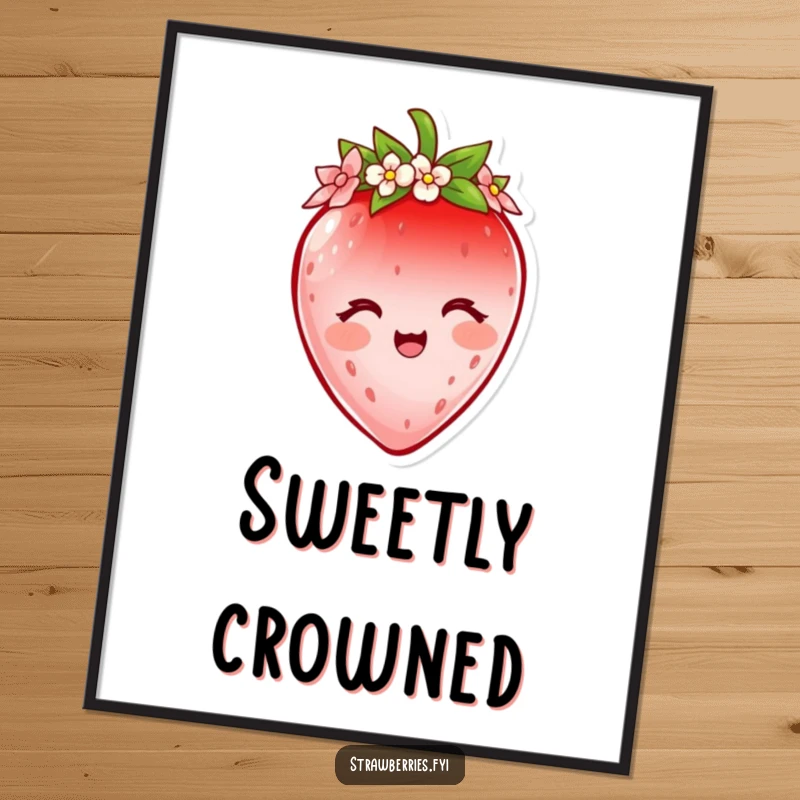Funny strawberry digital art print of a delighted character wearing a tiny flower petal crown, perfect for humorous and sweet wall decor.