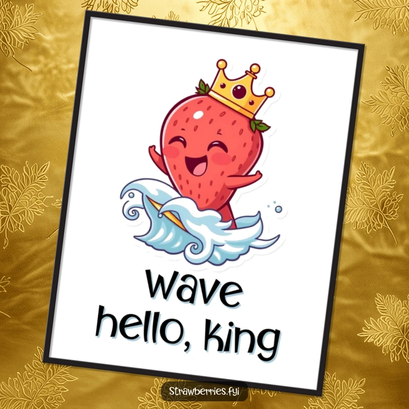 Funny strawberry digital art print of a laughing crowned fruit character riding a wave, vibrant and humorous wall art.